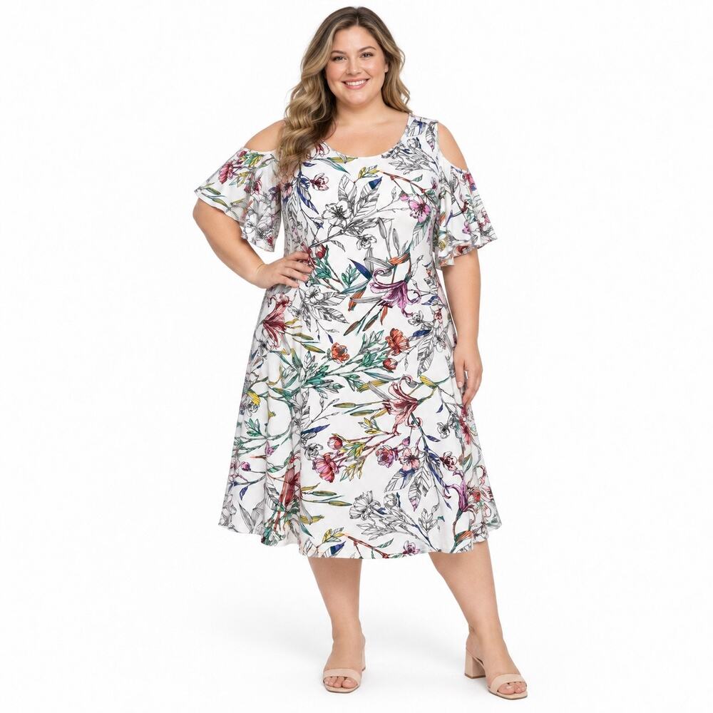 Sandra Darren Plus Size 24W Floral Cold Shoulder Shift Dress White